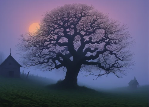 foggy landscape,isolated tree,lilac tree,creepy tree,halloween bare trees,lone tree,moonlit night,witch's house,house silhouette,love in the mist,purple landscape,purple moon,witch house,magic tree,celtic tree,autumn fog,moonlit,seasonal tree,old tree silhouette,bare tree,Conceptual Art,Daily,Daily 27
