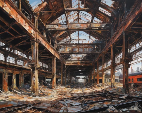 abandoned train station,freight depot,abandoned factory,derelict,lost place,abandoned places,luxury decay,lost places,empty factory,locomotive shed,abandoned place,industrial ruin,factory hall,dilapidated,locomotive roundhouse,abandoned,industrial hall,old factory,empty interior,lostplace,Conceptual Art,Oil color,Oil Color 18