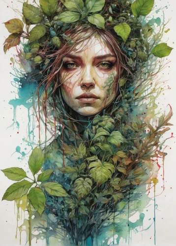 dryad,flora,faery,girl in a wreath,mother earth,mother nature,overgrown,faerie,natura,undergrowth,boho art,poison ivy,girl with tree,ivy,digital illustration,urtica,girl in flowers,kahila garland-lily,girl in the garden,wilted,Illustration,Paper based,Paper Based 13