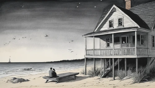 beach house,beach hut,beachhouse,fisherman's house,seaside country,lonely house,cottage,seaside,witch house,book illustration,ghost town,the haunted house,seaside resort,wooden pier,vintage illustration,summer cottage,boardwalk,wooden houses,house by the water,sea-shore,Illustration,Black and White,Black and White 22