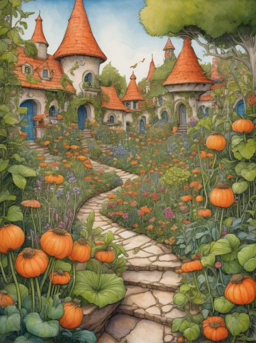 fairy village,vegetables landscape,mushroom landscape,cottage garden,pumpkin patch,fairy world,autumn pumpkins,knight village,aurora village,vegetable field,dandelion hall,clove garden,gardens,pumpkin autumn,vegetable garden,fairy tale castle,oktoberfest background,druid grove,fairy forest,the garden,Illustration,Paper based,Paper Based 26