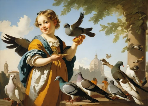 woman holding pie,doves and pigeons,pigeons and doves,girl with bread-and-butter,dove of peace,a flock of pigeons,feeding birds,feeding the birds,doves of peace,woman playing,woman with ice-cream,child feeding pigeons,falconer,pigeons,angel moroni,bird feeding,flock of birds,hunting scene,falconry,girl with a dolphin,Art,Classical Oil Painting,Classical Oil Painting 40