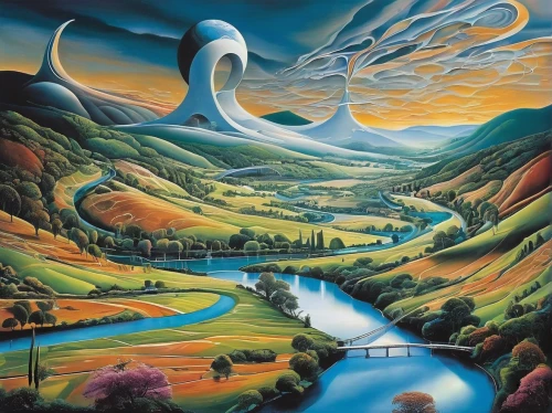 el salvador dali,river landscape,braided river,dali,oil painting on canvas,oxbow lake,oil on canvas,trumpet of the swan,the valley of the,futuristic landscape,mountain spring,skogafoss,mushroom landscape,brook landscape,surrealism,khokhloma painting,fantasy picture,valley,flow of time,mountain scene,Illustration,Black and White,Black and White 07