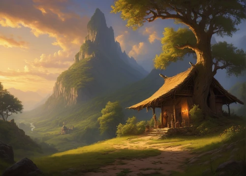 fantasy landscape,home landscape,landscape background,mountain settlement,house in mountains,mountain scene,ancient house,lonely house,world digital painting,house in the mountains,mountain landscape,mountain sunrise,rural landscape,fantasy picture,house in the forest,the cabin in the mountains,druid grove,hobbiton,mountain village,little house,Conceptual Art,Fantasy,Fantasy 28