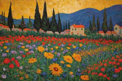 provence,flowers field,flower field,tuscan,field of flowers,vincent van gough,post impressionism,italian painter,valensole,poppy fields,splendor of flowers,flower meadow,vincent van gogh,flower garden,field of poppies,blanket of flowers,flower painting,cultivated field,fiori,yellow garden,Art,Classical Oil Painting,Classical Oil Painting 30