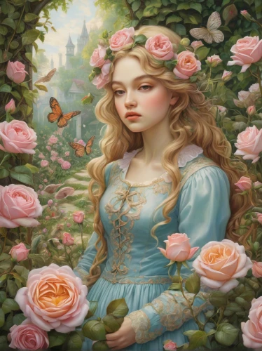 rosa 'the fairy,fantasy portrait,girl in flowers,rosa ' the fairy,girl in the garden,flora,way of the roses,rosa,the sleeping rose,landscape rose,rose flower illustration,noble roses,vanessa (butterfly),rosa ' amber cover,rose bloom,hedge rose,scent of roses,camellia,mystical portrait of a girl,camellias,Illustration,Paper based,Paper Based 08