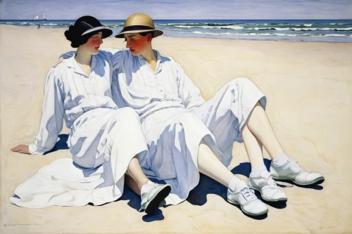 young couple,two girls,summer beach umbrellas,sun hats,people on beach,beach goers,beach shoes,breton,white sandy beach,white sand,the touquet,on the beach,beaches,panama hat,young women,olle gill,summer day,strand,beach landscape,henne strand,Illustration,Retro,Retro 05