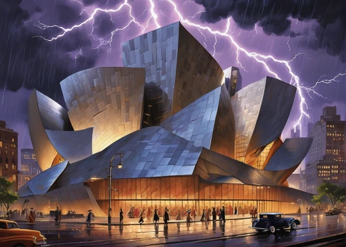 walt disney concert hall,disney concert hall,disney hall,soumaya museum,futuristic art museum,walt disney center,concept art,guggenheim museum,futuristic architecture,berlin philharmonic orchestra,performing arts center,the ark,elbphilharmonie,artscience museum,noah's ark,semper opera house,hudson yards,opera house,electric tower,cube background,Illustration,Realistic Fantasy,Realistic Fantasy 21