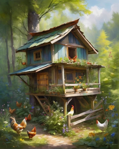 house in the forest,bird house,a chicken coop,little house,chicken coop,wooden house,small house,summer cottage,bird home,birdhouse,small cabin,birdhouses,home landscape,wooden hut,chicken yard,bird kingdom,log home,fisherman's house,backyard chickens,cottage,Illustration,Paper based,Paper Based 11