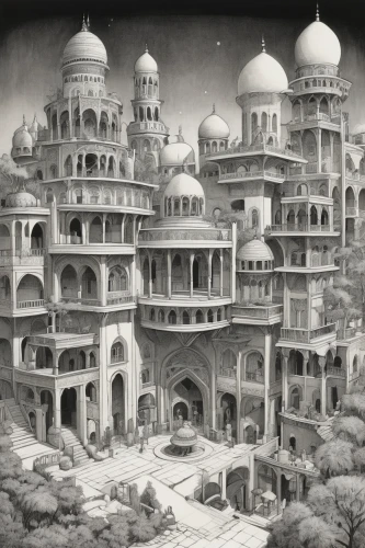 stone palace,jaipur,ancient city,islamic architectural,persian architecture,rem in arabian nights,mosques,marble palace,taj mahal,taj-mahal,orientalism,build by mirza golam pir,tajmahal,big mosque,ghost castle,caravansary,ancient buildings,grand mosque,rajasthan,peter-pavel's fortress,Illustration,Black and White,Black and White 22