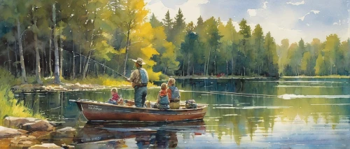 fishing float,people fishing,fishermen,fisherman,fishing,fishing classes,casting (fishing),fishing camping,boat landscape,oil painting,fishing equipment,oil painting on canvas,canoeing,canoe,fishing gear,fishing boats,fishing boat,fishing lure,fishing tent,painting technique,Illustration,Paper based,Paper Based 12