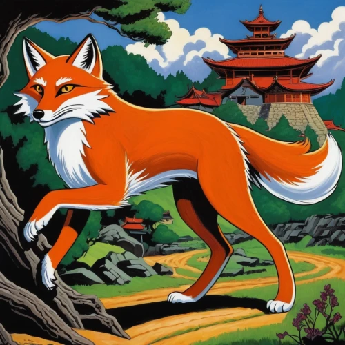 a fox,inari,fox,garden-fox tail,fox stacked animals,kitsune,shikoku,firefox,bhutan,redfox,patrol,fox hunting,sand fox,red fox,nikko,child fox,defense,akita,cute fox,miyajima,Illustration,American Style,American Style 05