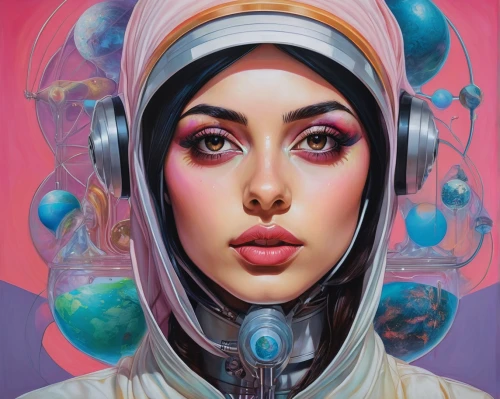 hijab,muslim woman,hijaber,islamic girl,muslima,headscarf,sci fiction illustration,psychedelic art,fantasy portrait,oil painting on canvas,heliosphere,cosmonaut,astronaut,princess leia,music player,head woman,kundalini,zodiac sign libra,spacesuit,oil on canvas,Conceptual Art,Daily,Daily 15