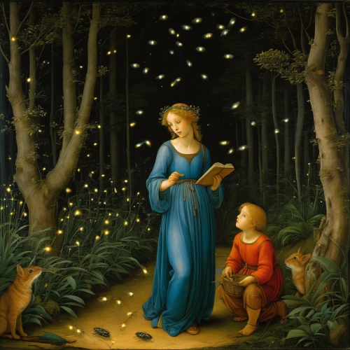 children's fairy tale,the annunciation,child with a book,capricorn mother and child,fairy tales,the star of bethlehem,a fairy tale,fairy tale,fairytales,star of bethlehem,secret garden of venus,kate greenaway,candlemas,nativity,child fairy,fairies aloft,constellation lyre,angel playing the harp,fairies,faerie,Art,Classical Oil Painting,Classical Oil Painting 34
