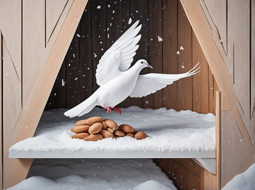 dove of peace,doves of peace,peace dove,almond meal,bird food,snowy still-life,christmas snowy background,christmas manger,white dove,chicken coop door,almendron,food for the birds,doves and pigeons,christmas messenger,almond nuts,second advent,third advent,white bird,advent decoration,salted almonds,Illustration,Black and White,Black and White 32