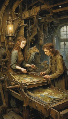 workers,clockmaker,sewing factory,watchmaker,children studying,craftsmen,shoemaking,potter's wheel,metalsmith,weaving,meticulous painting,manufacture,mechanical puzzle,candlemaker,shoemaker,metallurgy,hatmaking,hat manufacture,dutch mill,carpenter,Illustration,Realistic Fantasy,Realistic Fantasy 14