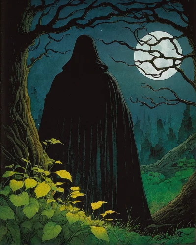 halloween poster,grimm reaper,bram stoker,forest man,halloween illustration,grim reaper,jrr tolkien,mystery book cover,druids,black forest,the wizard,haunted forest,halloween background,halloween wallpaper,gandalf,halloween and horror,the night of kupala,farmer in the woods,cloak,sleepwalker,Illustration,Realistic Fantasy,Realistic Fantasy 04