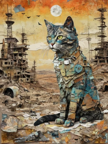 post-apocalyptic landscape,brindle cat,post apocalyptic,wasteland,spayed,cat sparrow,apocalyptic,stray cat,post-apocalypse,catastrophe,tabby cat,stray cats,street cat,cat image,feral cat,sci fiction illustration,cat warrior,the cat,scrap collector,cat,Unique,Paper Cuts,Paper Cuts 06