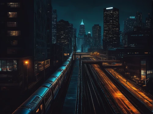 amtrak,city lights,city at night,citylights,rail traffic,trains,chicago night,new york,new york streets,newyork,night highway,manhattan,train,electric train,urban,cityscape,evening city,sky train,urban landscape,cities,Illustration,Realistic Fantasy,Realistic Fantasy 45