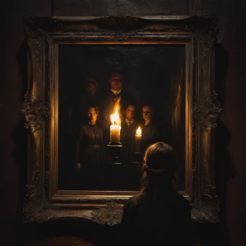 a dark room,candlemaker,gothic portrait,candlemas,candlelight,light of art,candlelights,dark art,dark portrait,candle light,magic mirror,incidence of light,the mirror,lamplighter,meticulous painting,doll's house,oil lamp,johannes brahms,black candle,the collector,Conceptual Art,Oil color,Oil Color 11