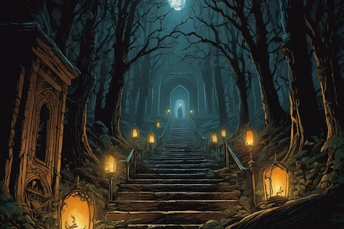 witch's house,haunted cathedral,halloween illustration,hall of the fallen,the mystical path,the threshold of the house,witch house,hollow way,haunted forest,halloween poster,ghost castle,game illustration,haunted castle,devilwood,the path,threshold,the haunted house,castle of the corvin,haunt,halloween scene,Illustration,American Style,American Style 01