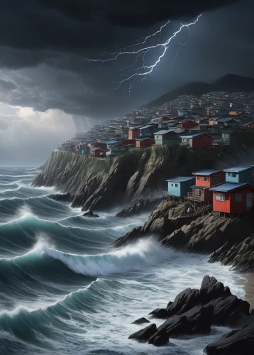 world digital painting,sea storm,fishing village,coastal protection,storm surge,floating huts,stormy sea,fisherman's hut,the storm of the invasion,storm,chile,photo manipulation,digital painting,newfoundland,thunderstorm,stormy,san storm,fantasy picture,digital compositing,atlantic,Conceptual Art,Sci-Fi,Sci-Fi 25