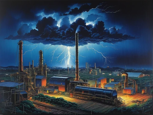 industrial landscape,thermal power plant,steel mill,petrochemical,refinery,lignite power plant,power towers,futuristic landscape,petrochemicals,industrial area,industry 4,powerplant,nuclear power plant,industry,power plant,coal-fired power station,industrial plant,industries,metallurgy,heavy water factory,Illustration,Japanese style,Japanese Style 20