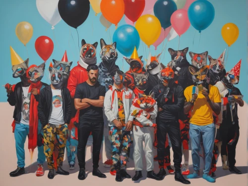 animal balloons,color dogs,baloons,balloons,masquerade,colorful balloons,happy birthday balloons,young animals,the animals,masks,balloons mylar,wolves,balloon head,anthropomorphized animals,balloon,circus,villagers,dobermann,party hats,birthday balloons,Illustration,Realistic Fantasy,Realistic Fantasy 24