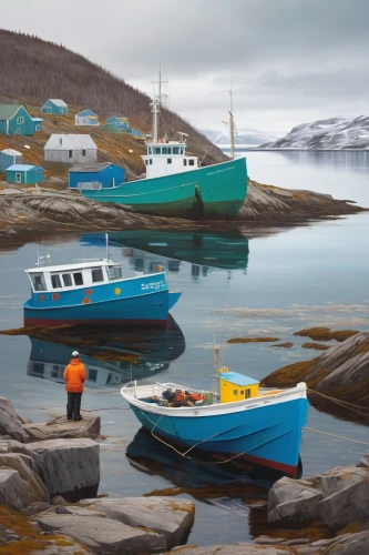 fishing boats,newfoundland,fishing village,capelin,fisherman's hut,commercial fishing,fishing trawler,small boats on sea,fishermen,nubble,fisherman's house,soused herring,coastal landscape,boats in the port,eastern harbour,floating huts,fishing vessel,harbour,boats,fishing boat,Conceptual Art,Oil color,Oil Color 02