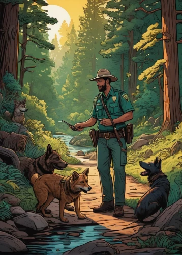 park ranger,forest workers,bear guardian,hunting dogs,farmer in the woods,guards of the canyon,river pines,big bear,ranger,american frontier,sheriff,free wilderness,woodsman,redwood,dog hiking,forrest,hunting scene,animals hunting,nationalpark,game illustration,Illustration,Realistic Fantasy,Realistic Fantasy 25