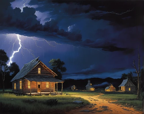 thunderstorm,lightning storm,lightening,night scene,lightning strike,lightning,thunderstorm mood,lightning bolt,home landscape,storm,thunderclouds,after the storm,rainstorm,log home,storm ray,a thunderstorm cell,church painting,rural landscape,storm clouds,wooden hut,Illustration,Realistic Fantasy,Realistic Fantasy 06