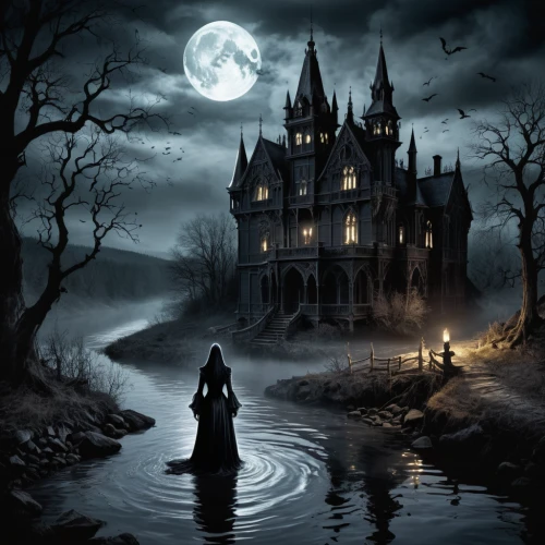 witch house,haunted castle,ghost castle,gothic style,the haunted house,witch's house,gothic woman,gothic,dark gothic mood,gothic architecture,haunted house,castle of the corvin,gothic dress,haunted cathedral,fantasy picture,dark art,fairy tale castle,gothic fashion,halloween poster,halloween and horror,Illustration,Realistic Fantasy,Realistic Fantasy 46