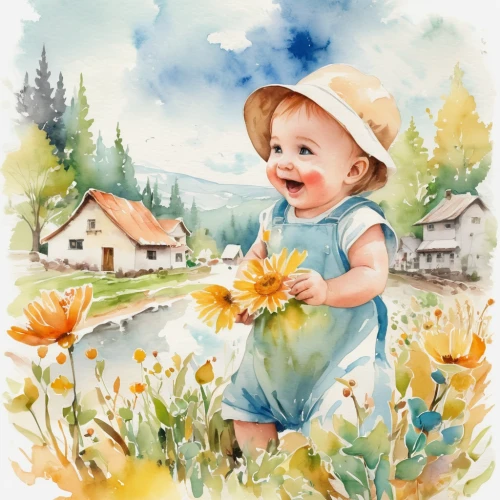 watercolor baby items,flower painting,girl picking flowers,watercolor painting,picking flowers,sunflower coloring,watercolor background,watercolor paint,kids illustration,watercolor,girl in flowers,watercolor floral background,children's background,nursery decoration,springtime background,flower illustrative,nursery,watercolor flowers,floral greeting card,yellow daisies,Illustration,Paper based,Paper Based 25