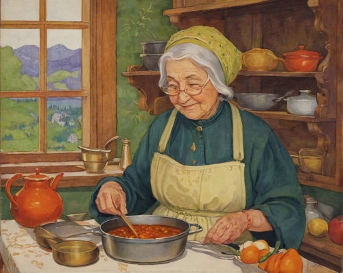 girl in the kitchen,woman holding pie,woman eating apple,cookery,grandmother,cooking book cover,old woman,elderly lady,barbara millicent roberts,cooking vegetables,picking vegetables in early spring,pensioner,food preparation,food and cooking,cook,girl with bread-and-butter,old cooking books,the kitchen,grandma,charlotte cushman,Illustration,Retro,Retro 07