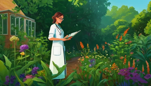 girl in the garden,gardening,girl picking flowers,work in the garden,in the garden,medical illustration,picking flowers,apothecary,lily of the field,lilly of the valley,girl studying,green garden,garden work,herbaceous,gardener,to the garden,garden of plants,springtime background,digital illustration,giverny,Conceptual Art,Fantasy,Fantasy 09
