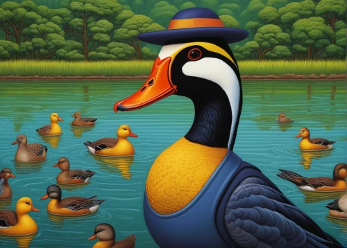 ornamental duck,bird painting,cayuga duck,waterfowl,water fowl,brahminy duck,canard,sporting decoys,waterfowls,whimsical animals,wild ducks,duck on the water,aquatic bird,american black duck,oil painting on canvas,fry ducks,anthropomorphized animals,post impressionism,donald duck,ducks,Illustration,Retro,Retro 16