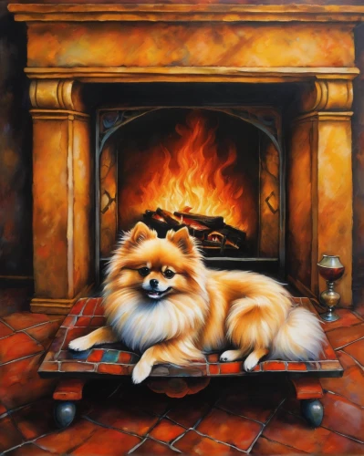 pekingese,pomeranian,tibetan spaniel,german spitz mittel,german spitz klein,japanese chin,german spitz,shih tzu,fireplace,fireplaces,maltese,keeshond,fire place,king charles spaniel,landseer,oil painting on canvas,log fire,eurasier,fireside,lhasa apso,Illustration,Realistic Fantasy,Realistic Fantasy 34