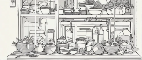 house plants,coloring page,kitchen shop,apothecary,potted plants,shelves,pantry,houseplant,flower shop,kitchen,kitchenware,vases,plants in pots,greenhouse,shelving,garden shed,kitchen tools,garden tools,windowsill,empty shelf,Illustration,Vector,Vector 06
