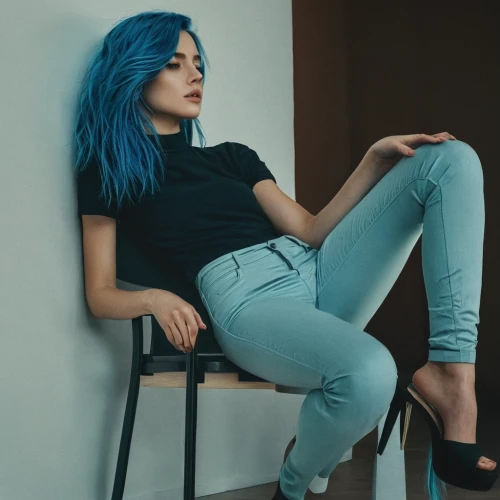 blue hair,denim,denims,denim jeans,jeans,sitting on a chair,bluejeans,jeans background,blue jeans,crossed legs,legs crossed,skinny jeans,denim shapes,ripped jeans,high jeans,denim background,sitting,paloma,blue,blu,Photography,Documentary Photography,Documentary Photography 08