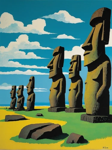 easter islands,easter island,the moai,moai,rapa nui,stone figures,rapanui,stone statues,megaliths,travel poster,african art,cool woodblock images,ancient civilization,egypt,pharaohs,egyptology,ancient people,the sculptures,neo-stone age,ancient egypt,Art,Artistic Painting,Artistic Painting 09