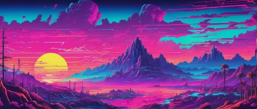 futuristic landscape,vast,alien world,alien planet,barren,fantasy landscape,80's design,background screen,vapor,retro background,colorful background,dusk background,horizon,lagoon,mountains,purple landscape,mountain world,dusk,art background,wallpaper,Conceptual Art,Sci-Fi,Sci-Fi 27