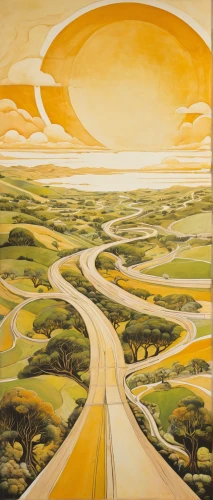 winding road,winding roads,carol colman,meander,olle gill,maple road,yorkshire,wensleydale,the road to the sea,fork road,3-fold sun,gregory highway,pass road,roads,mountain road,the road,rolling hills,straight ahead,sand road,antrim,Illustration,Retro,Retro 21