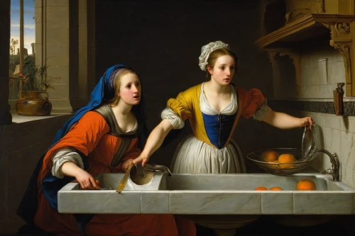 bellini,woman holding pie,washing dishes,woman at the well,washbasin,girl in the kitchen,candlemas,meticulous painting,young couple,girl with cereal bowl,flemish,fresh orange juice,cheesemaking,housework,orange robes,two girls,laundress,domestic life,fetching water,bathing,Art,Classical Oil Painting,Classical Oil Painting 33