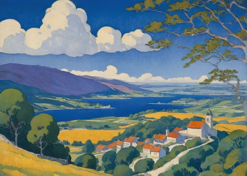 braque d'auvergne,travel poster,1926,1925,olle gill,1929,exmoor,francis barlow,graeme strom,grand bleu de gascogne,george russell,1940,1921,martin fisher,falkland,landscape,tasmania,lake neuchâtel,sussex,yorkshire,Illustration,Retro,Retro 07