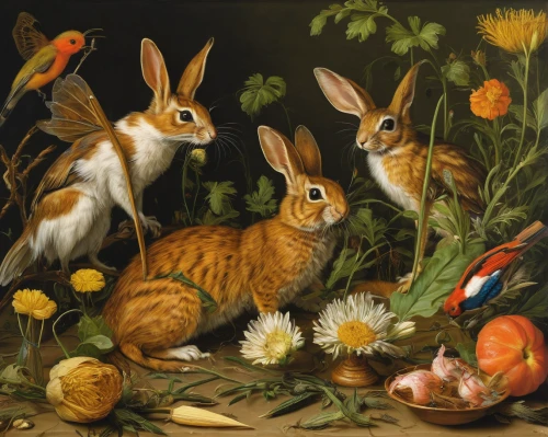 rabbits and hares,audubon's cottontail,easter rabbits,hares,rabbits,woodland animals,female hares,flemish,whimsical animals,european rabbit,hare window,wild rabbit,peter rabbit,still life of spring,hare field,wild hare,hare trail,fox and hare,rabbit family,chamois with young animals,Art,Classical Oil Painting,Classical Oil Painting 37