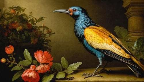 an ornamental bird,ornamental bird,old world oriole,bird painting,flower and bird illustration,rosella,exotic bird,aviary,blue parrot,tropical bird,belostomatidae,tropical bird climber,tropical birds,vanellus miles,garrulus glandarius,blue and gold macaw,guatemalan quetzal,oriole,macaw hyacinth,bird illustration,Art,Classical Oil Painting,Classical Oil Painting 06