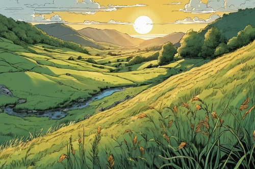 grasslands,the rice field,grassland,yellow grass,mountain meadow,rice fields,valley,ricefield,prairie,meadow landscape,field of cereals,mountain meadow hay,salt meadow landscape,yamada's rice fields,rice field,sweet grass,plains,mountain pasture,meadow,mountain sunrise,Illustration,American Style,American Style 13