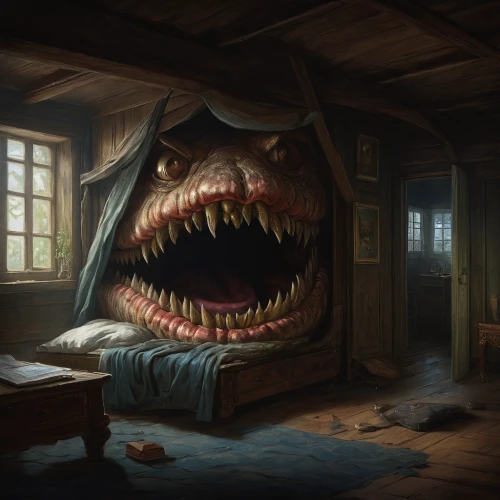 game illustration,dentist,big mouth,toothed whale,teeth,tooth,game art,jaws,fangs,sci fiction illustration,attic,nightmare,requiem shark,man-eater,concept art,shed,dental,mouth,cheshire,covered mouth,Art,Classical Oil Painting,Classical Oil Painting 24