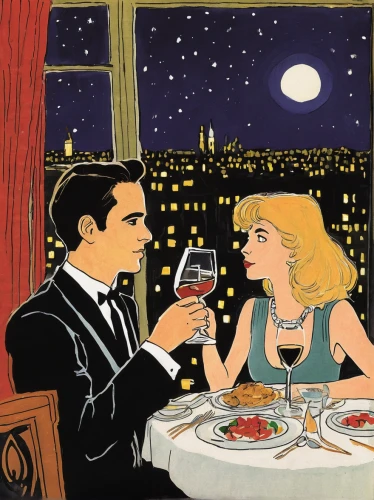 romantic dinner,roaring twenties couple,romantic night,retro 1950's clip art,paris clip art,great gatsby,vintage illustration,dinner for two,date night,roaring twenties,food and wine,stemware,valentine's day clip art,new year's eve 2015,holiday wine and honey,gatsby,fine dining restaurant,honeymoon,champagne stemware,a glass of wine,Illustration,Paper based,Paper Based 21