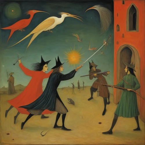 the pied piper of hamelin,celebration of witches,witches,dance of death,murder of crows,danse macabre,witches' hats,hamelin,bremen town musicians,hunting scene,scythe,pied piper,fly a kite,pilgrims,medieval,st martin's day,crows,wind vane,schutzhund,animals hunting,Illustration,Abstract Fantasy,Abstract Fantasy 16